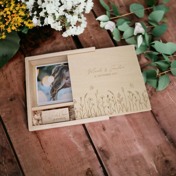 Personalisierte Erinnerungsbox - Fotobox als Geschenk zur Hochzeit, Verlobung, Sommerblumen FORYOU24