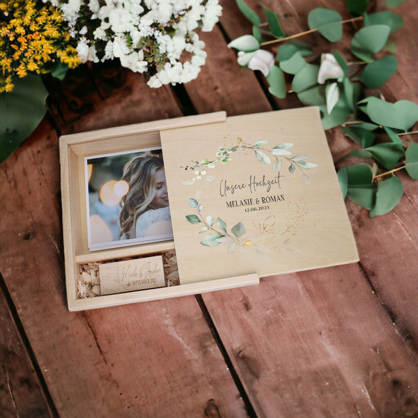 Personalisierte Erinnerungsbox - Fotobox als Geschenk zur Hochzeit, Verlobung, Eukaliptus FORYOU24