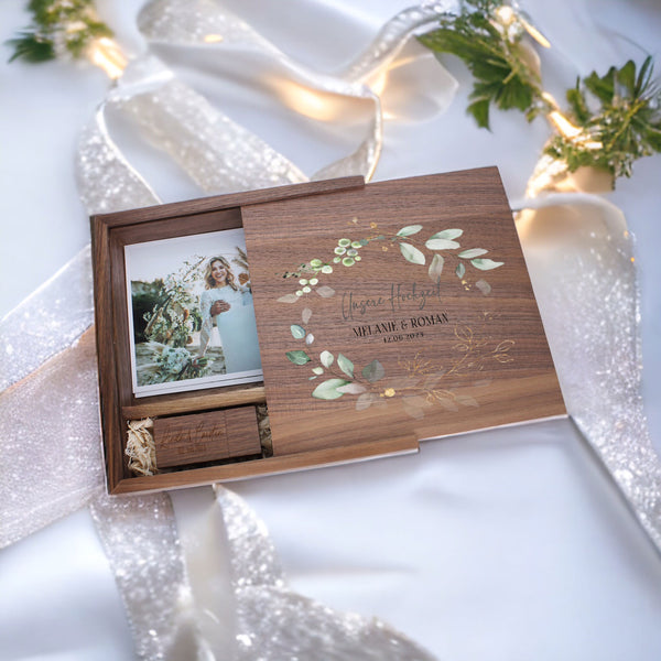Personalisierte Dunkel Erinnerungsbox - Fotobox als Geschenk zur Hochzeit, Verlobung, Eukaliptus FORYOU24