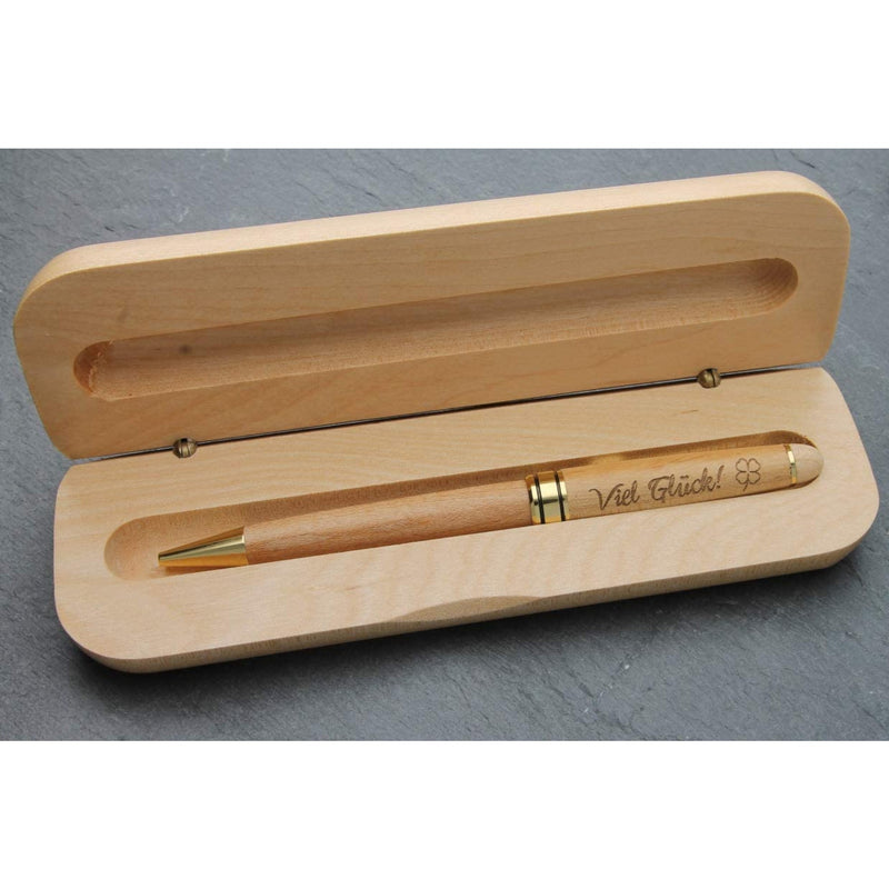 Holz-Kugelschreiber mit Gravur "Viel Glück" in Geschenk-Schachtel