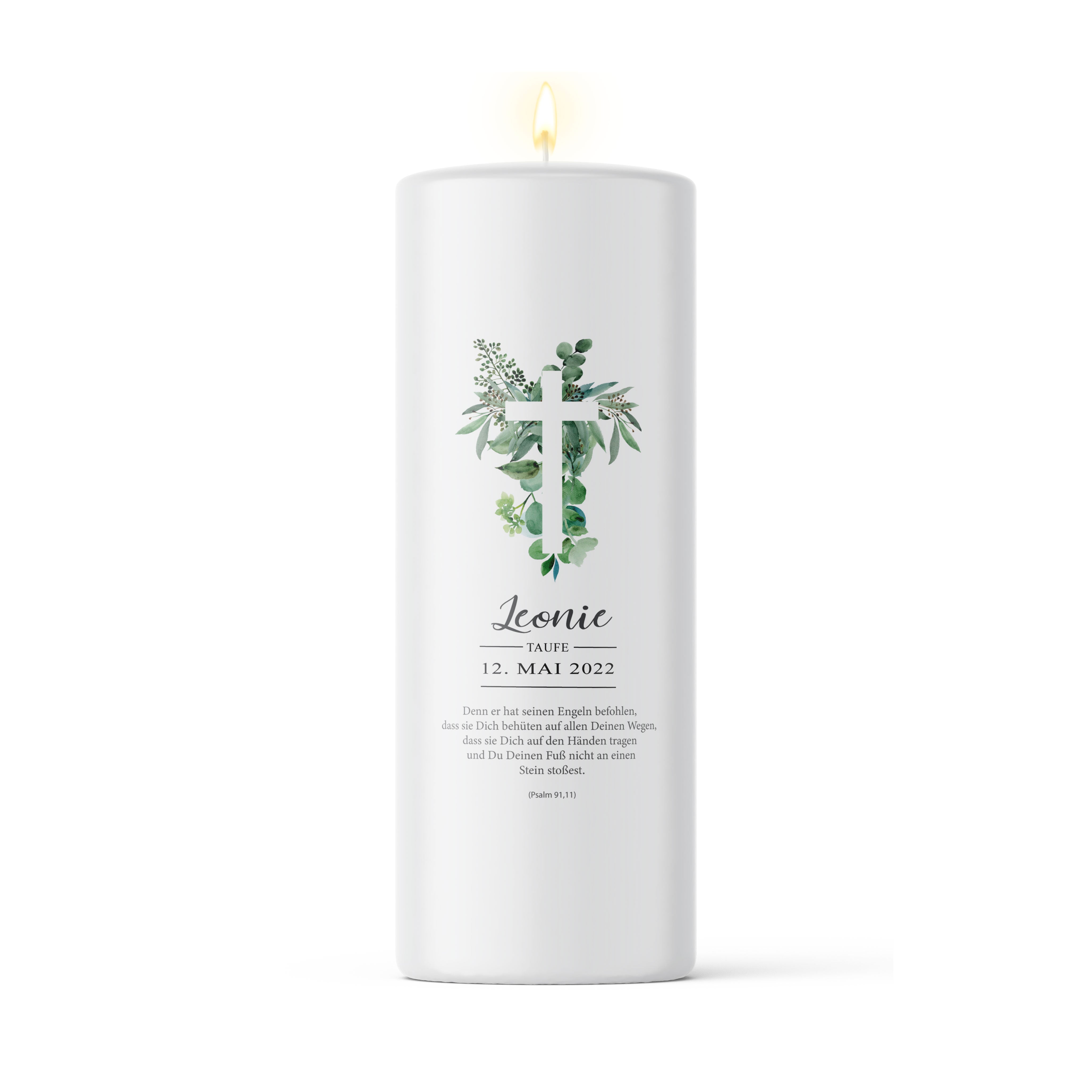 Taufkerze Junge Mädchen Motiv Eukalyptus Kreuz bedruckt mit Namen, Datum Taufspruch