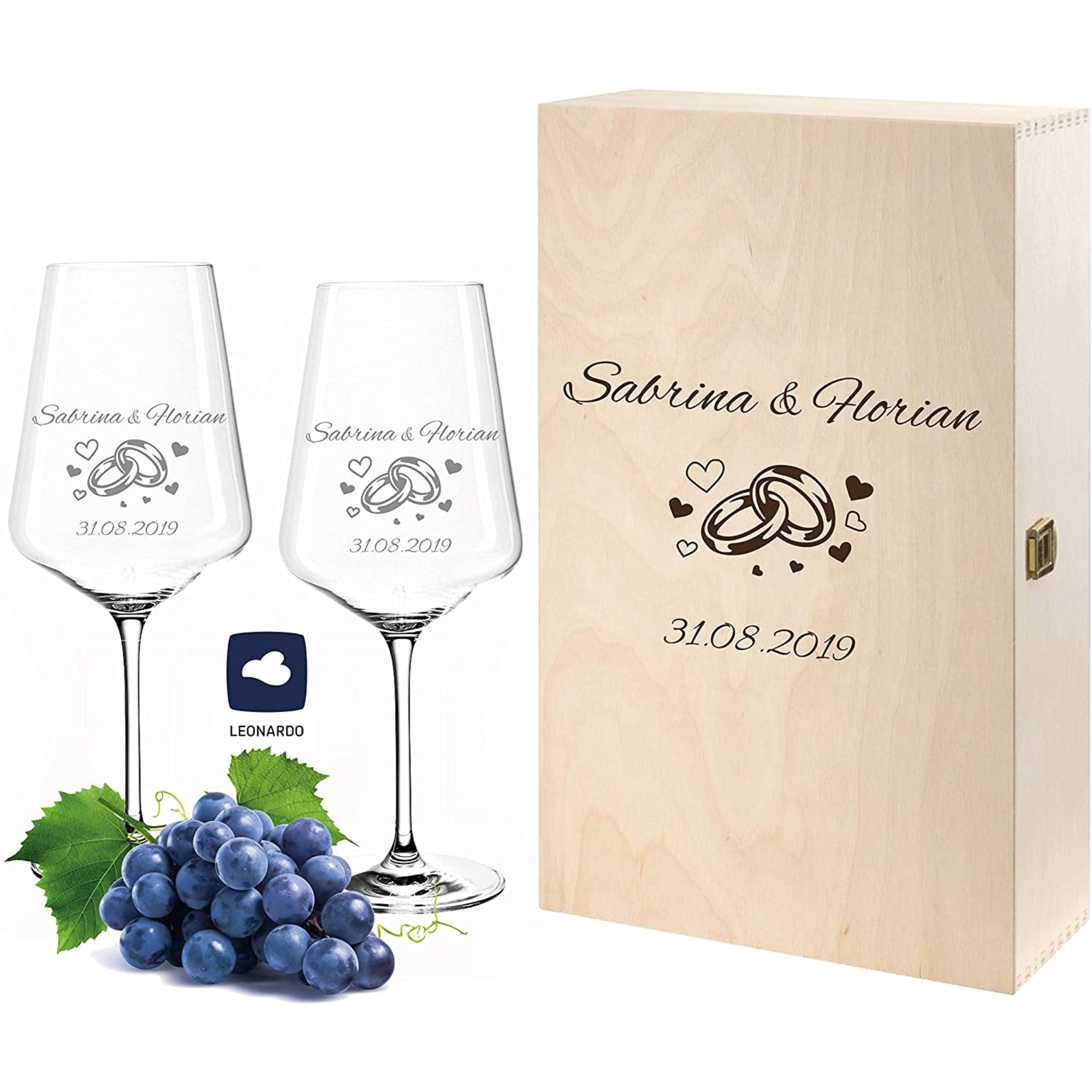 2 Leonardo Puccini Weingläser in Weinkiste mit Gravur "Ringe"