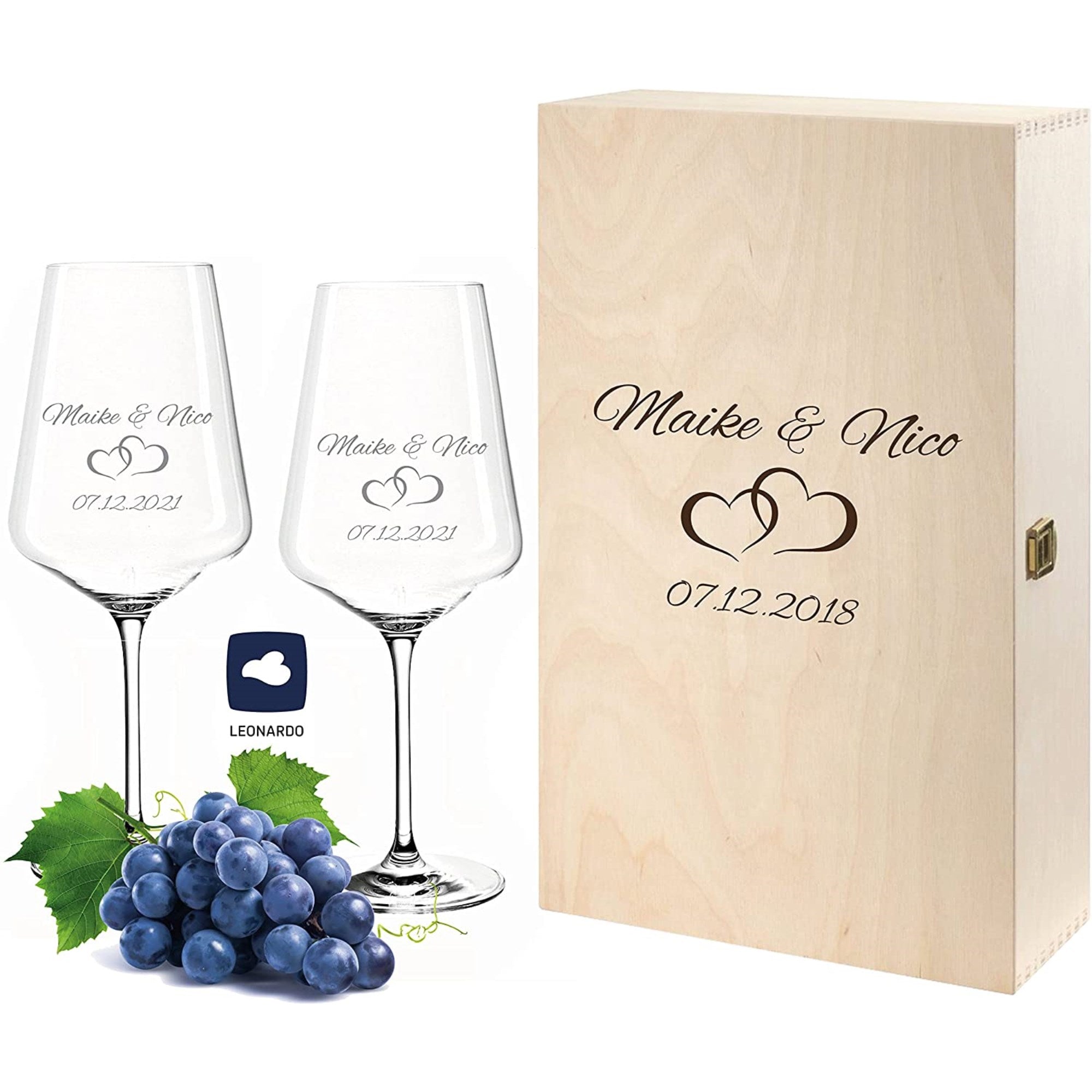 2 Leonardo Puccini Weingläser in Weinkiste mit Gravur "Paar"