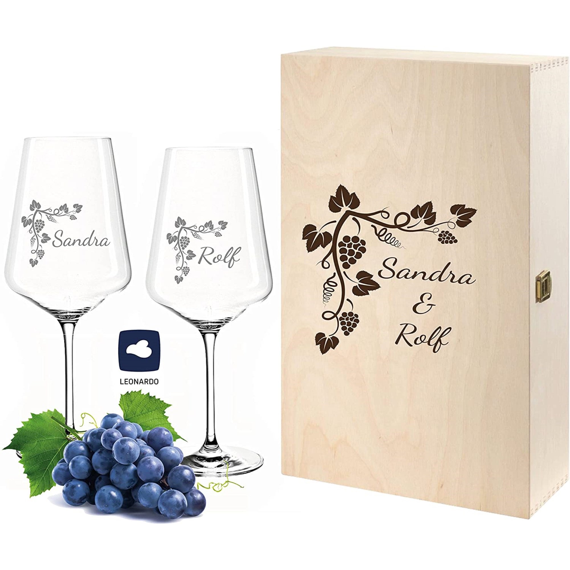 2 Leonardo Puccini Weingläser in Weinkiste mit Gravur "Ranke"