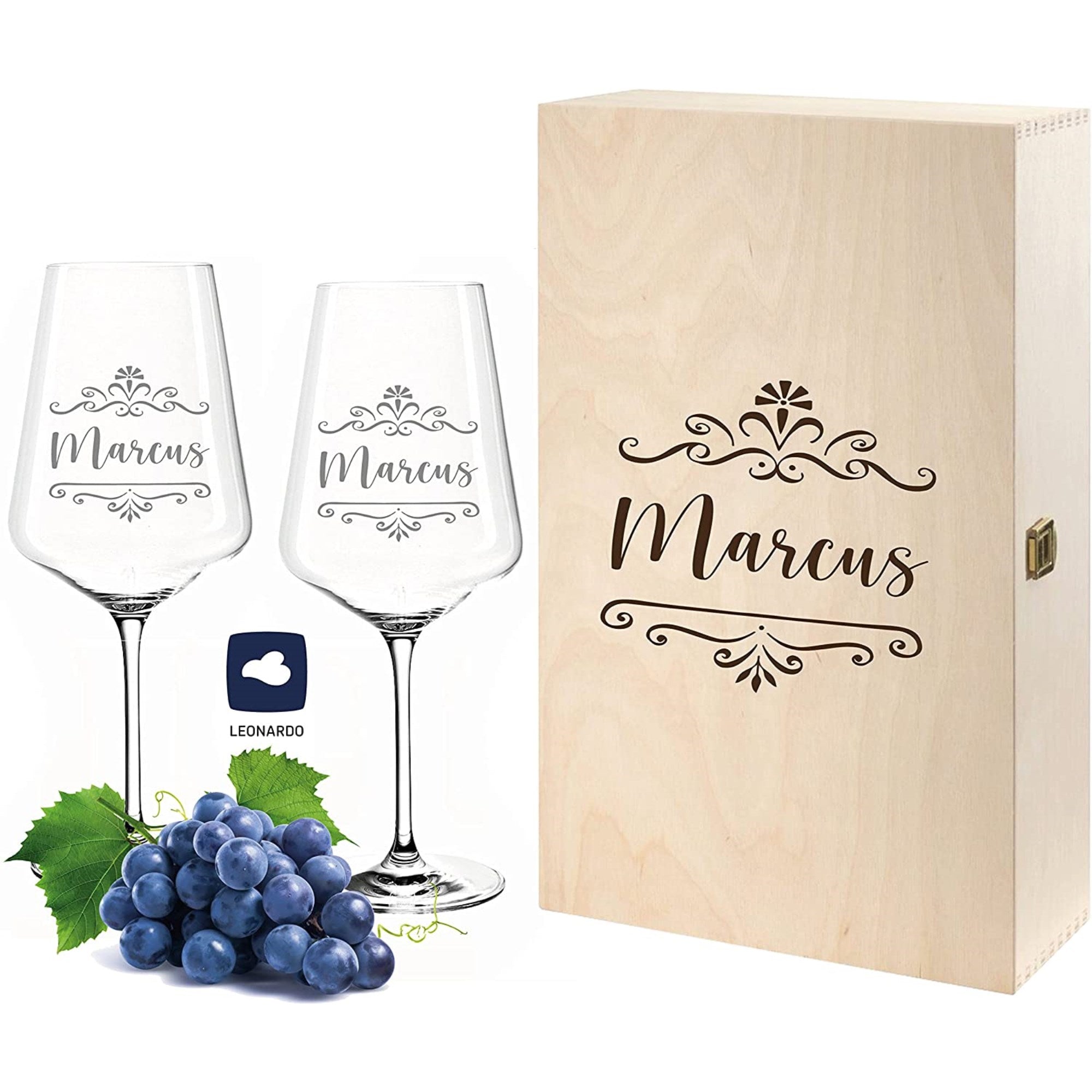 2 Leonardo Puccini Weingläser in Weinkiste mit Gravur "Vine"