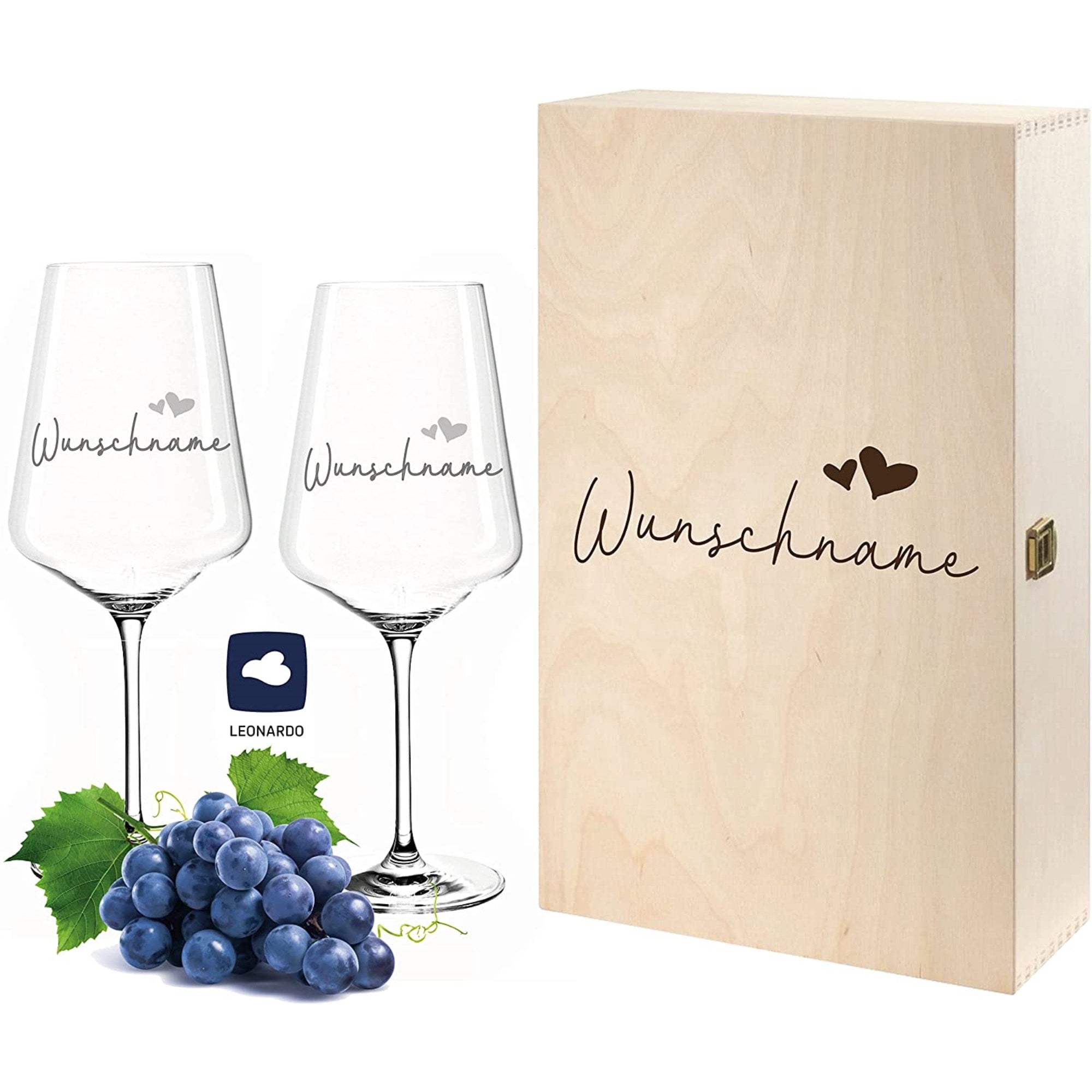 2 Leonardo Puccini Weingläser in Weinkiste mit Gravur "Wunschname"
