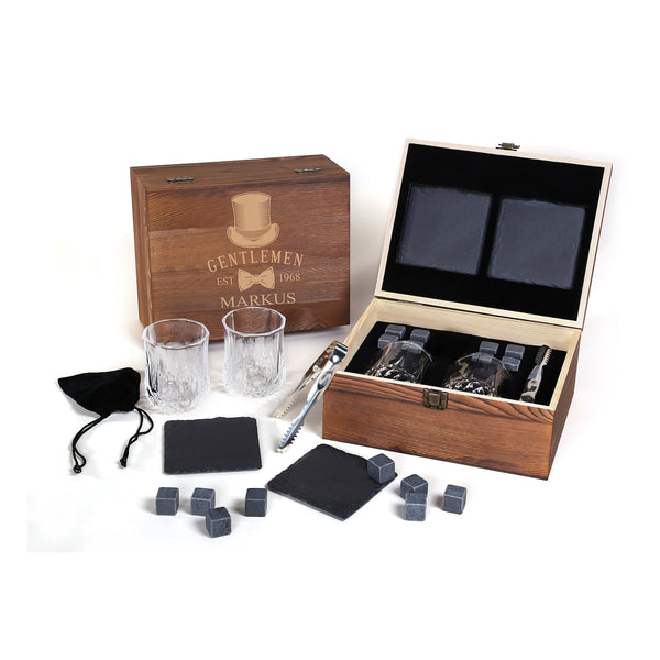 2 Whiskygläser in Geschenkbox mit Gravur Motiv Gentleman