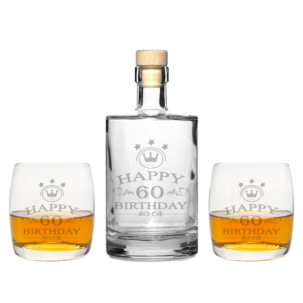 2 Edle Whiskey-Gläser mit Whiskeykaraffe Gravur "60 Jahre"