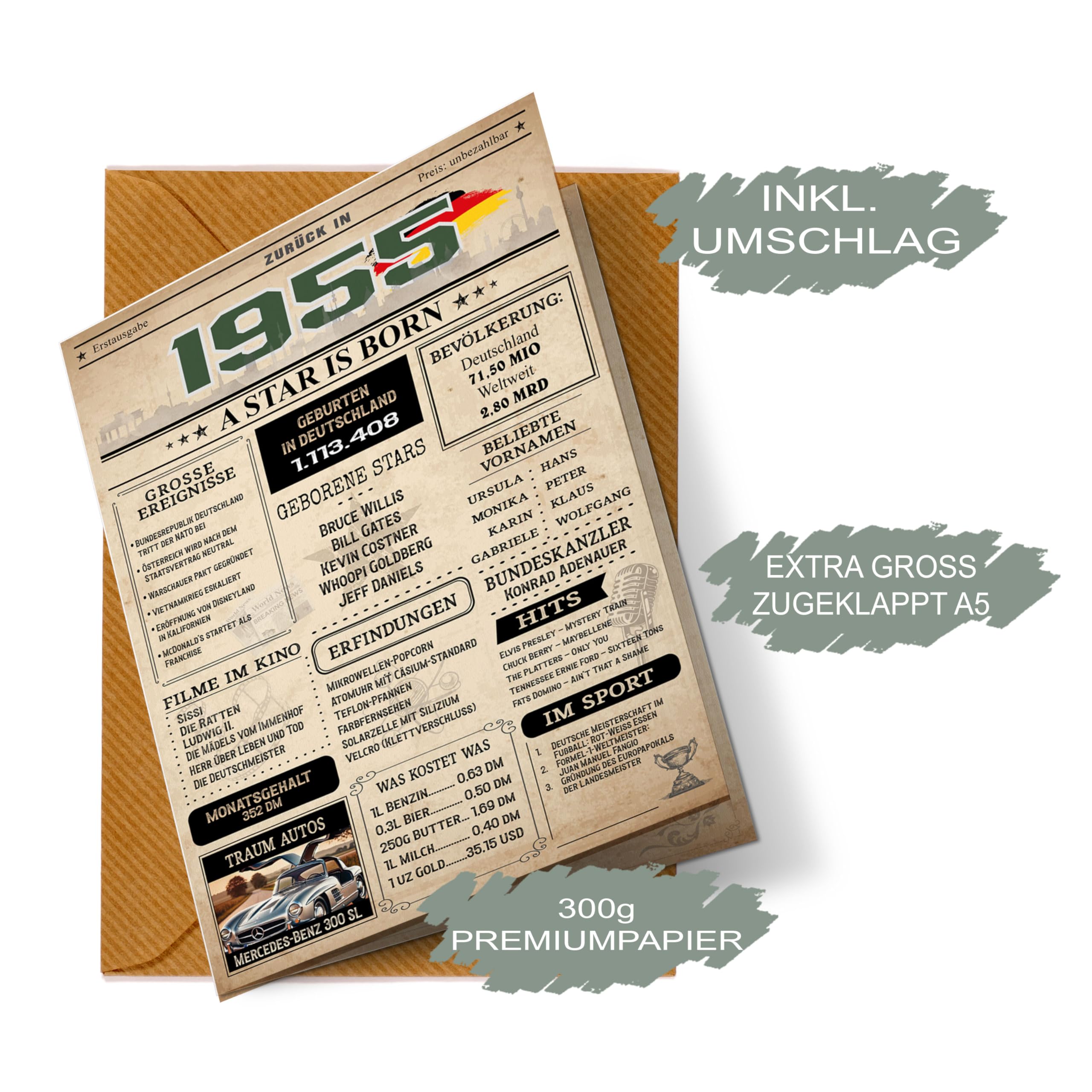 Geburtstagskarte 70. Geburtstag: Zeitung 1956 (Mann & Frau)