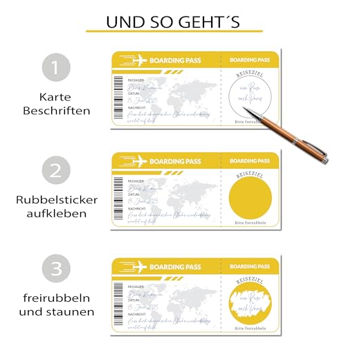Ticket Geburtstag mit Rubbelaufkleber - Rubbelkarte zum beschriften Einzigartige Geschenk Verpackung - Geburtstags Karte als Gutschein oder Geschenkidee zum freirubbeln REISE