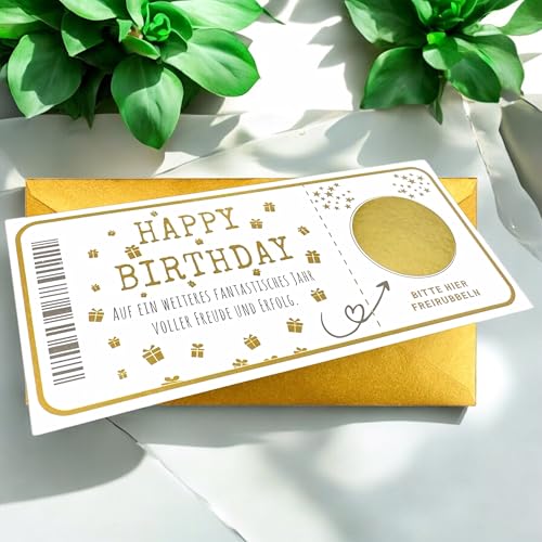 Ticket Geburtstag mit Rubbelaufkleber - Rubbelkarte zum beschriften Einzigartige Geschenk Verpackung - Geburtstags Karte als Gutschein oder Geschenkidee Happy Birthday
