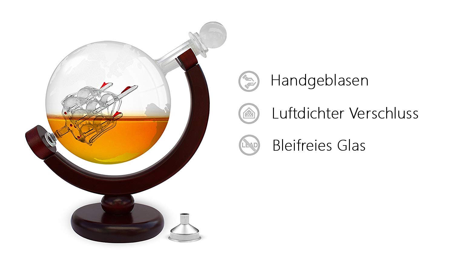 FORYOU24 Globus Whiskey Karaffe Glas Dekanter mit Ständer aus Holz I Whisky Karaffe luftdicht mit eingearbeitetem Segelschiff I Frauen- und Männergeschenke edel I 850 ml Globus Flasche vintage