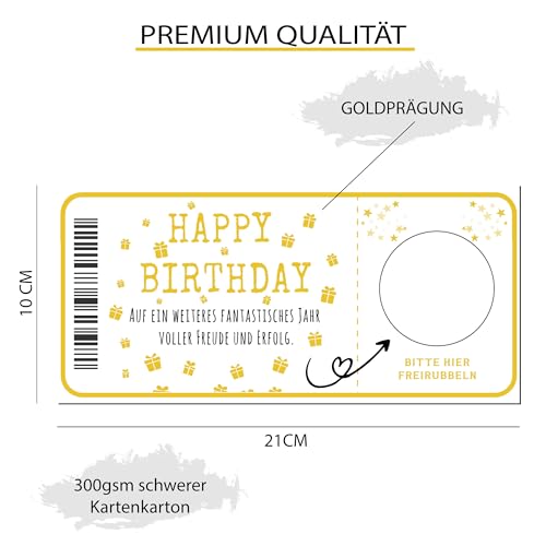 Ticket Geburtstag mit Rubbelaufkleber - Rubbelkarte zum beschriften Einzigartige Geschenk Verpackung - Geburtstags Karte als Gutschein oder Geschenkidee Happy Birthday