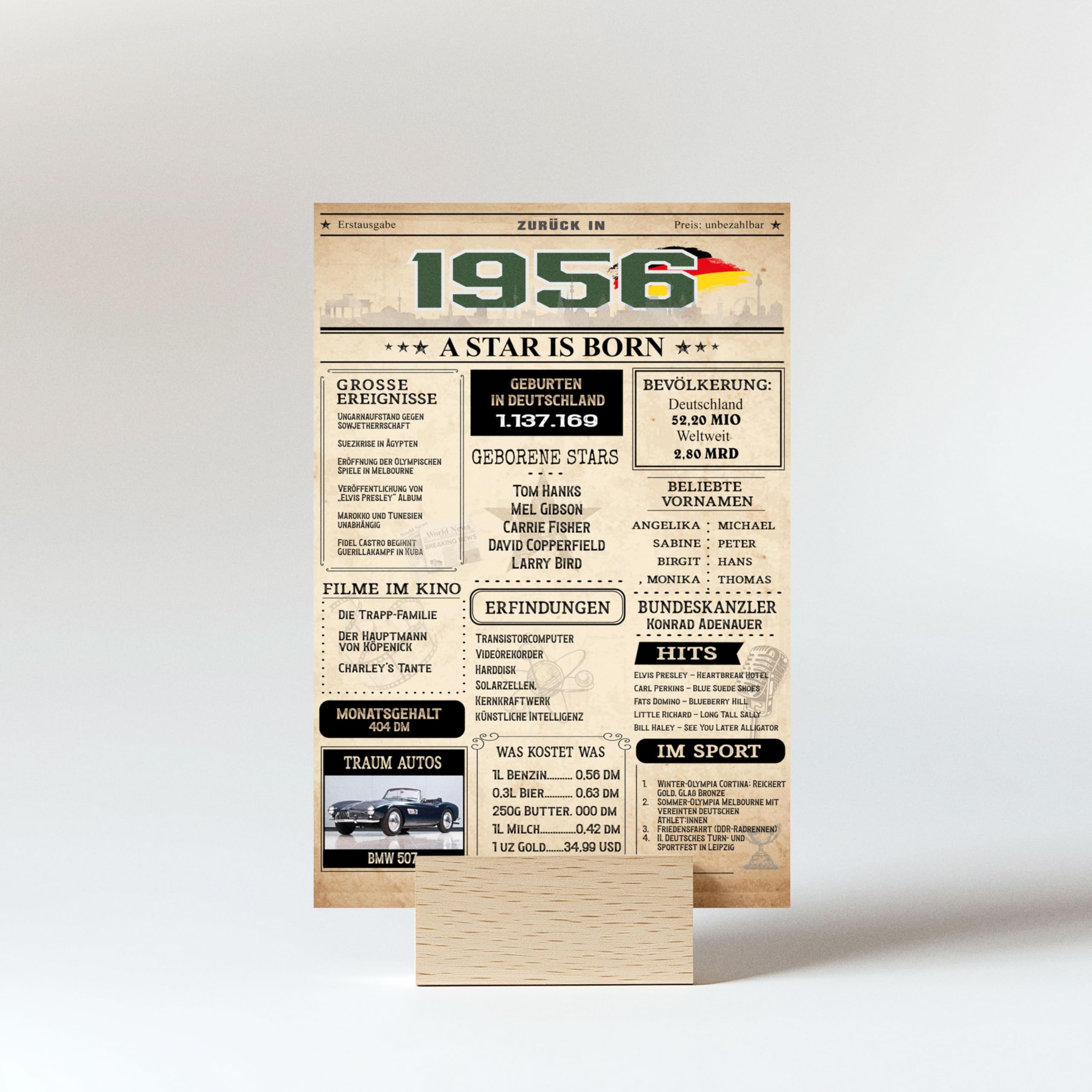 Geburtstagskarte 70. Geburtstag: Zeitung 1956 (Mann & Frau)