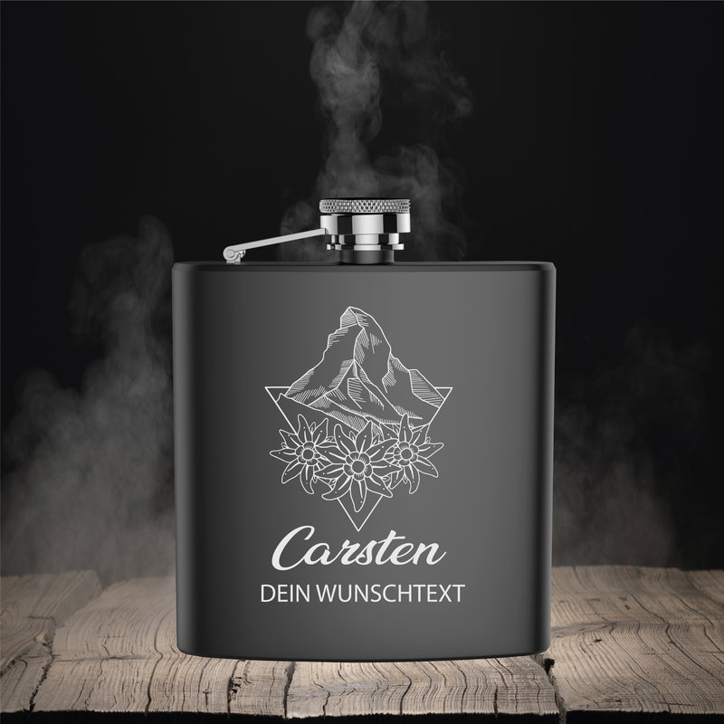 Edelstahl Flachmann mit Gravur personalisiert Edelweiss
