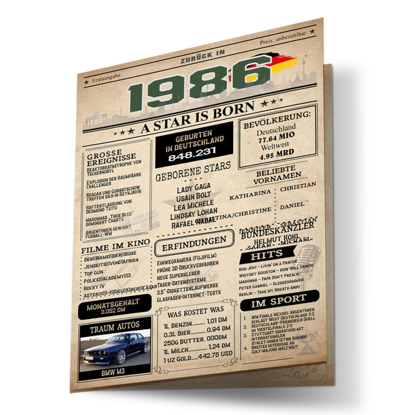 Retro Geburtstagskarte zum 40. Geburtstag Jahrgang 1986 im Zeitungsstil