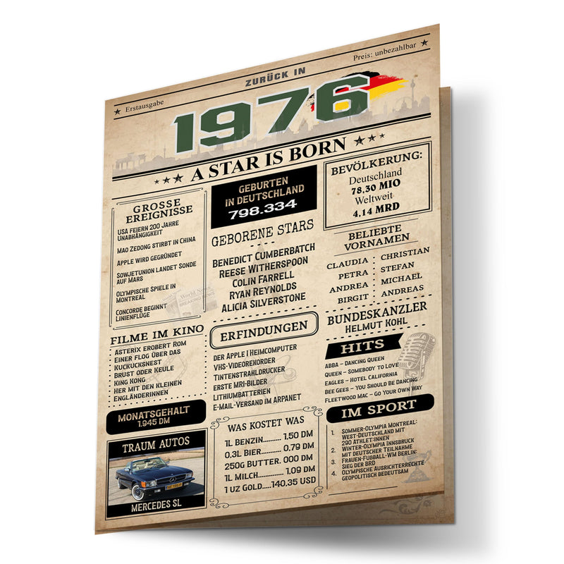 Retro Geburtstagskarte zum 50. Geburtstag Jahrgang 1976 im Zeitungsstil