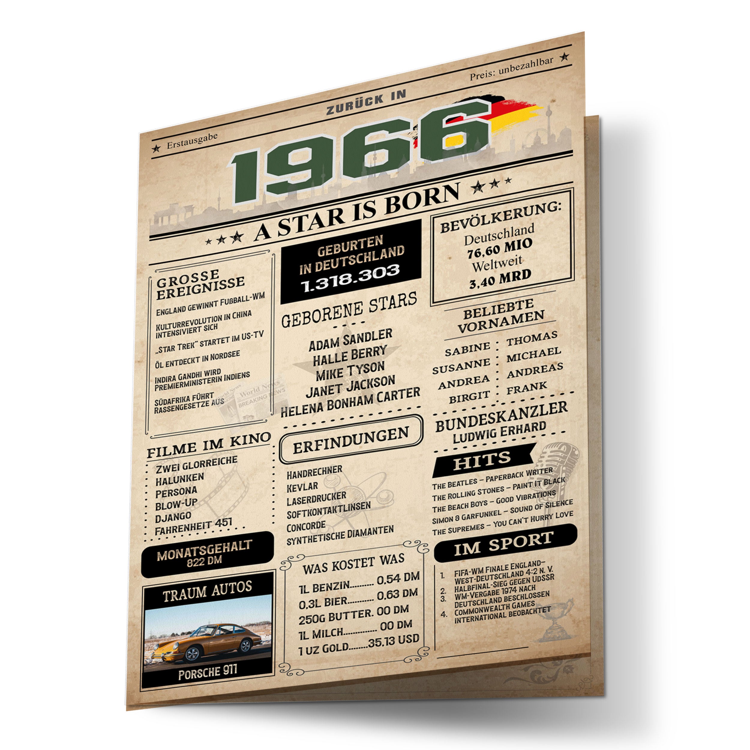 Retro Geburtstagskarte zum 60. Geburtstag Jahrgang 1966 im Zeitungsstil