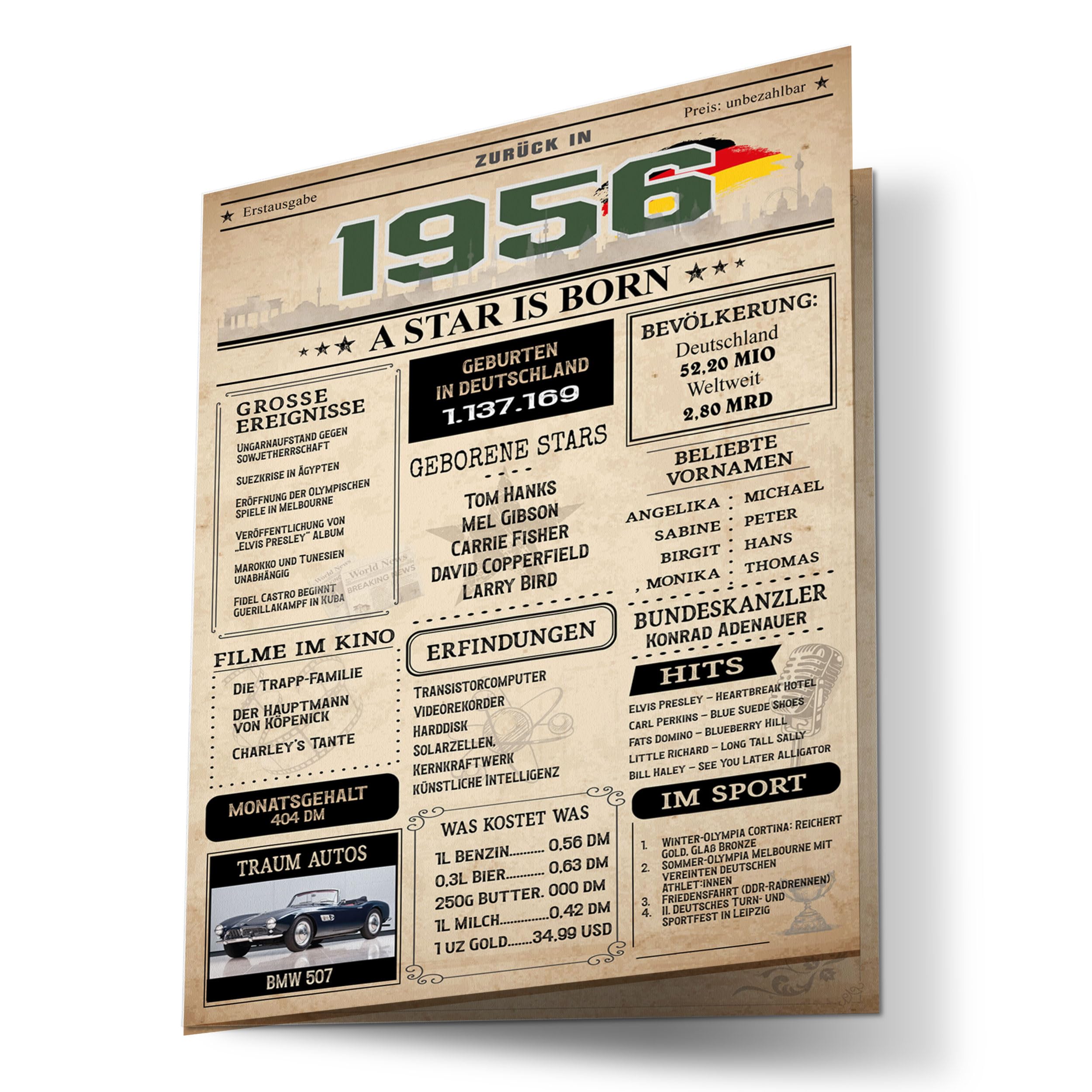 Retro Geburtstagskarte zum 70. Geburtstag Jahrgang 1956 im Zeitungsstil