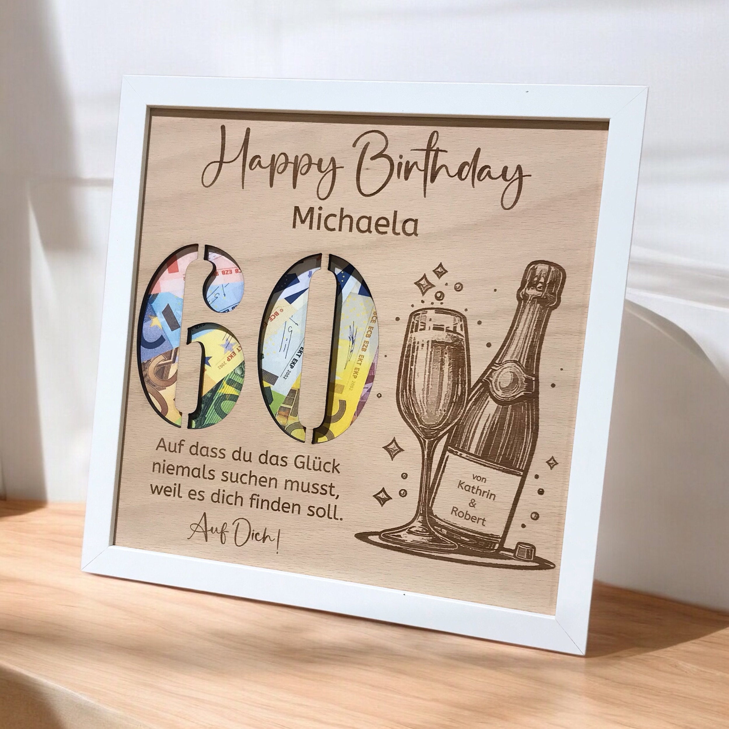 Personalisiertes Geld Geburtstagsgeschenk | Bilderrahmen mit Holzeilage Happy Birthday | Tolles Geldgeschenk für Freunde