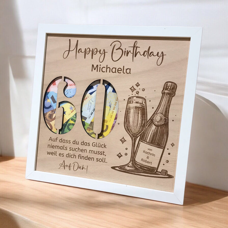 Personalisiertes Geld Geburtstagsgeschenk | Bilderrahmen mit Holzeilage Happy Birthday | Tolles Geldgeschenk für Freunde