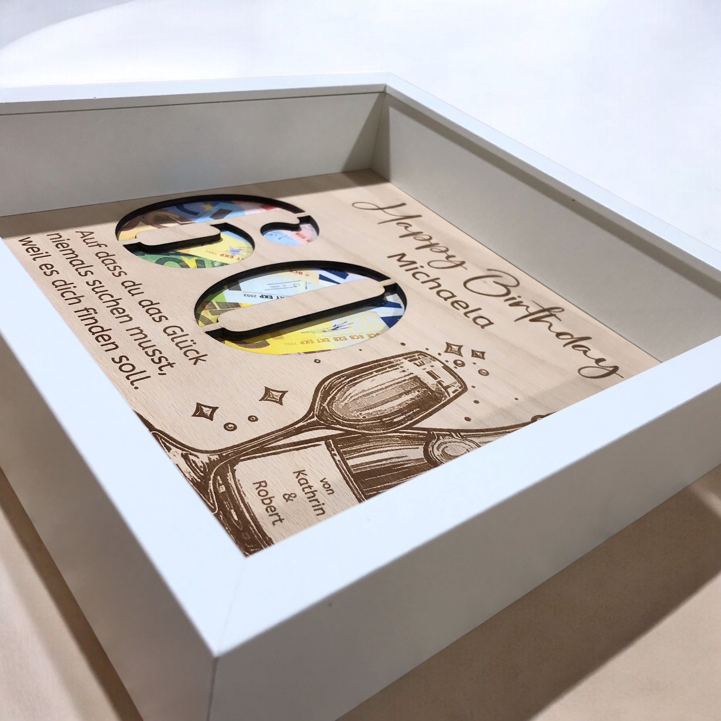 Personalisiertes Geld Geburtstagsgeschenk | Bilderrahmen mit Holzeilage Happy Birthday | Tolles Geldgeschenk für Freunde