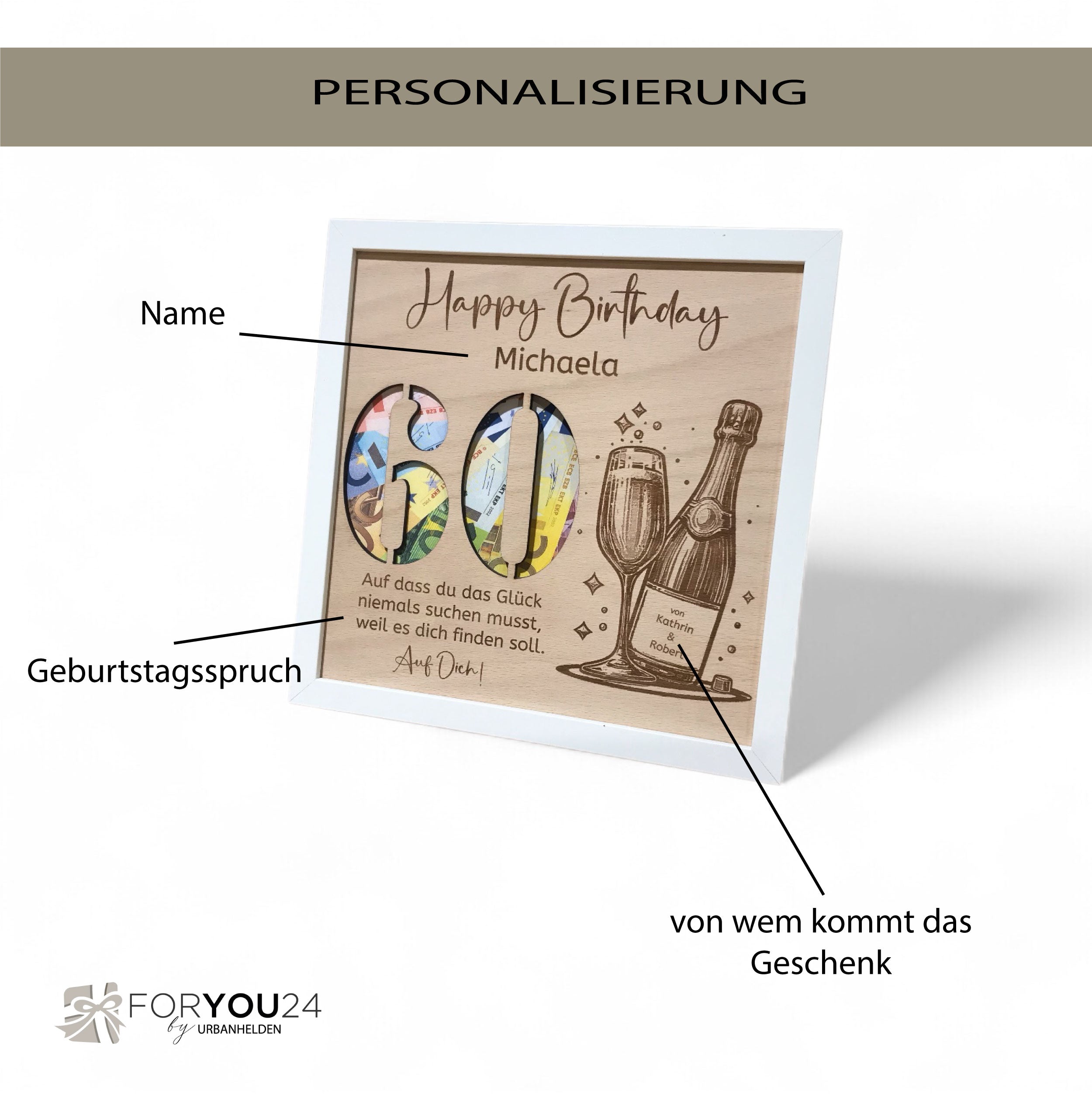 Personalisiertes Geld Geburtstagsgeschenk | Bilderrahmen mit Holzeilage Happy Birthday | Tolles Geldgeschenk für Freunde