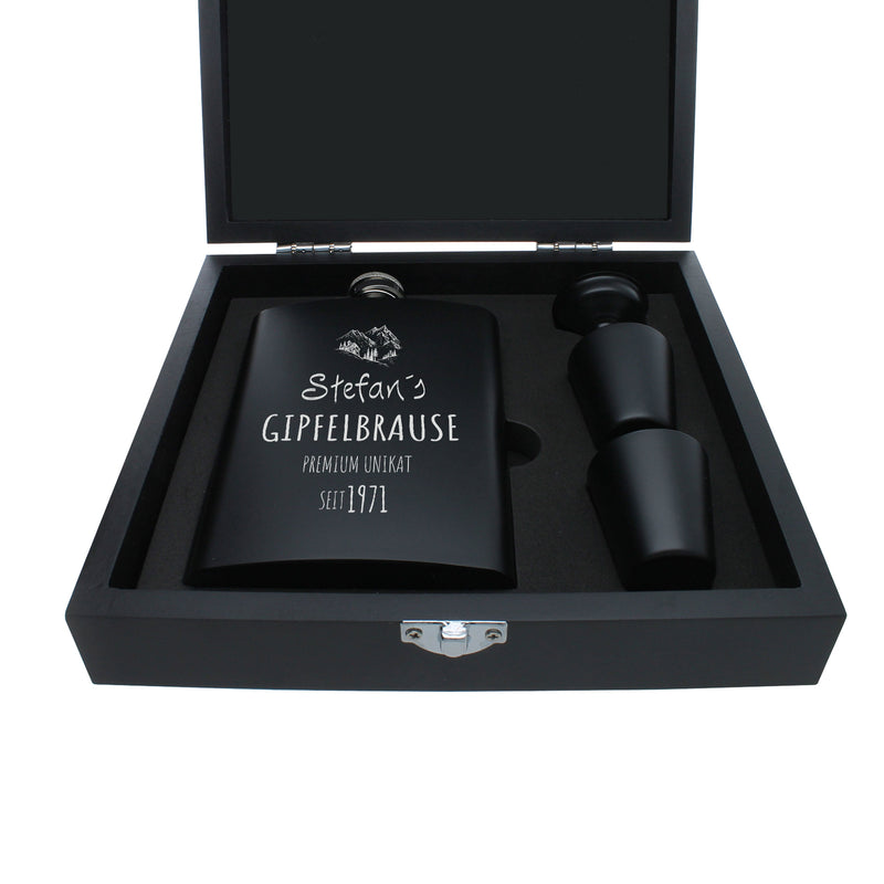 Edelstahl Flachmann schwarz mit Gravur als Geschenkset mit Becher Trichter Gipfelbrause