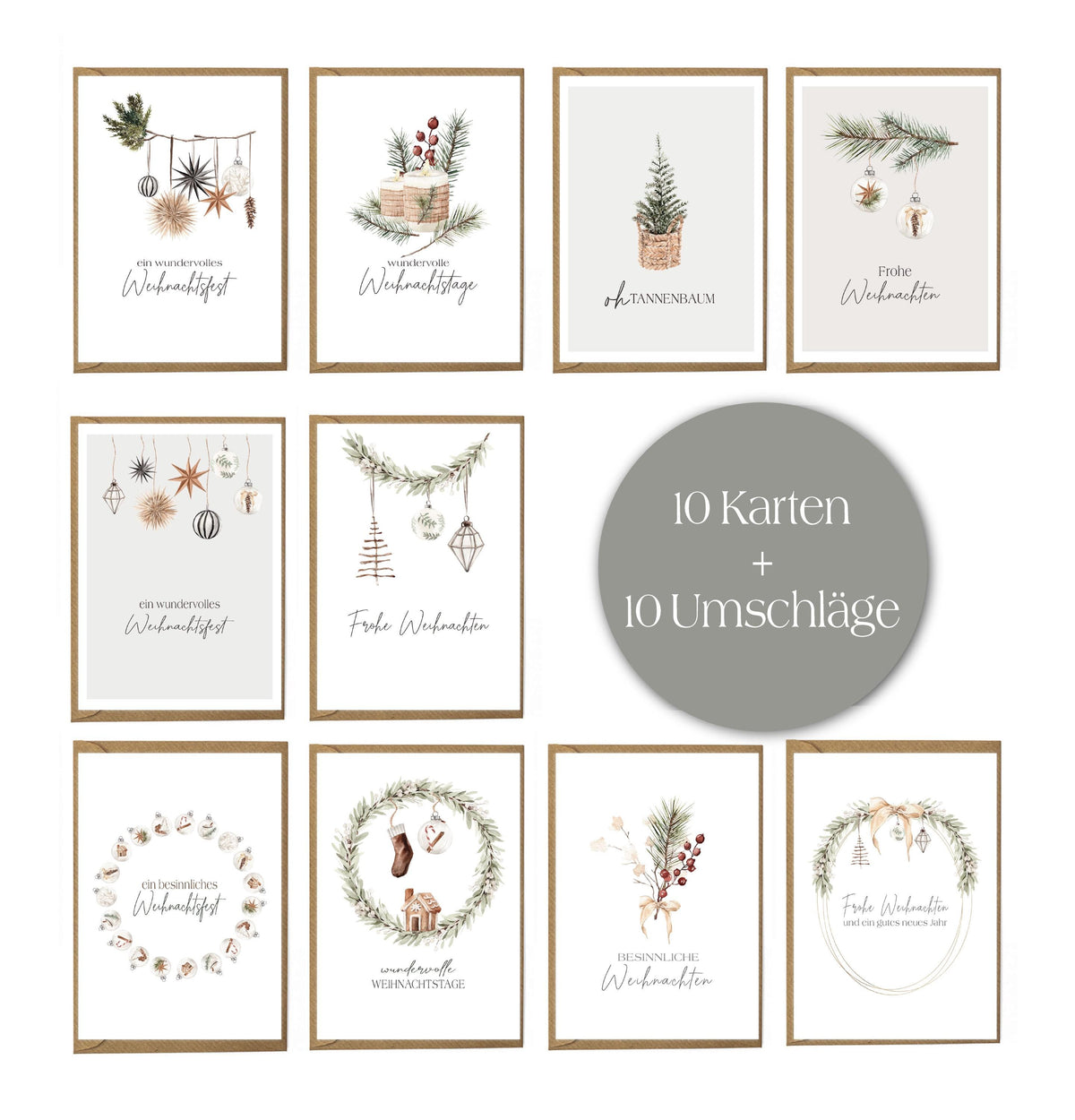 Premium Weihnachtskarten 10er Set mit Umschlägen - hochwertige Postkarten zu Weihnachten - Grußkarten in Premium Qualität auch einzeln