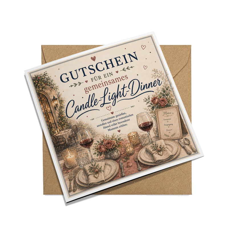 Gutschein Karte Candle Light Dinner, Erlebnisgutschein Klappkarte 15x15 cm mit Umschlag, Geschenk Partner, Valentinstag, Jahrestag, Date