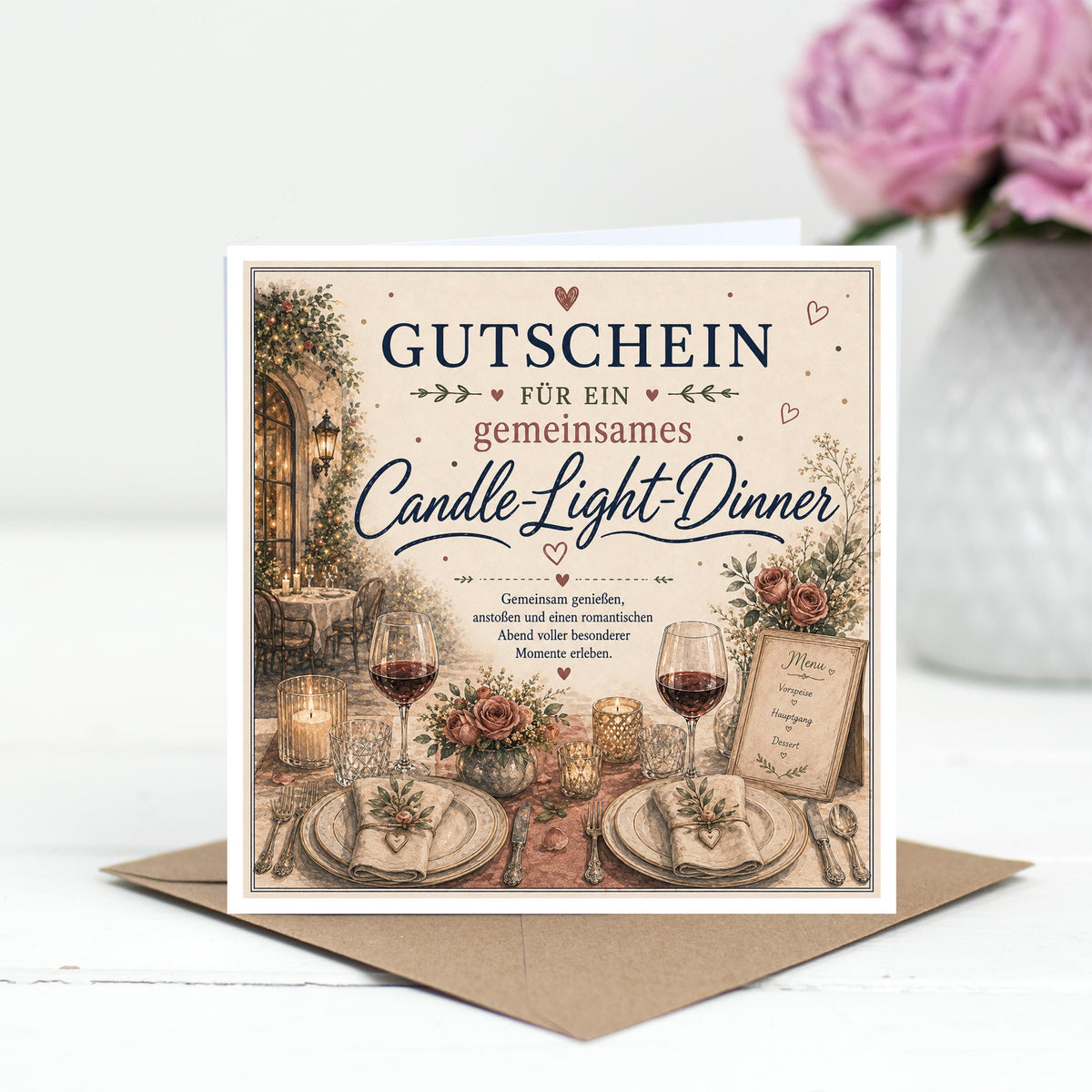 Gutschein Karte Candle Light Dinner, Erlebnisgutschein Klappkarte 15x15 cm mit Umschlag, Geschenk Partner, Valentinstag, Jahrestag, Date