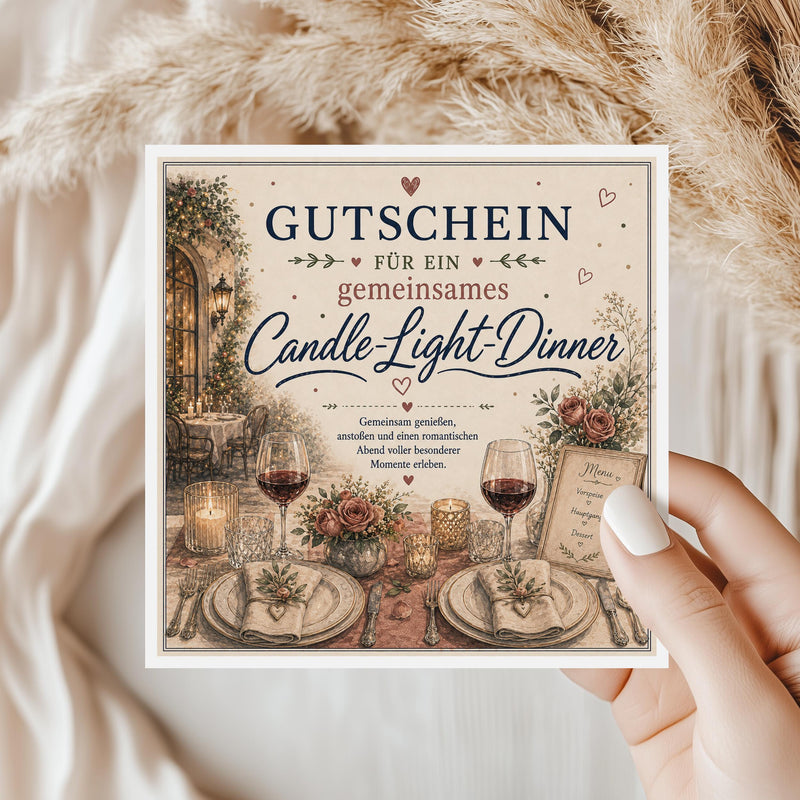 Gutschein Karte Candle Light Dinner, Erlebnisgutschein Klappkarte 15x15 cm mit Umschlag, Geschenk Partner, Valentinstag, Jahrestag, Date