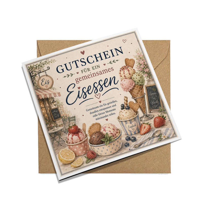 Gutschein Karte Eisessen, Erlebnisgutschein Klappkarte 15x15 cm mit Umschlag, kleines Geschenk, Sommer, Geburtstag, Aufmerksamkeit