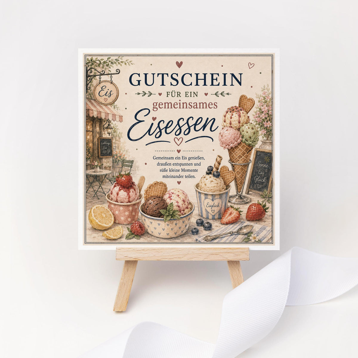 Gutschein Karte Eisessen, Erlebnisgutschein Klappkarte 15x15 cm mit Umschlag, kleines Geschenk, Sommer, Geburtstag, Aufmerksamkeit