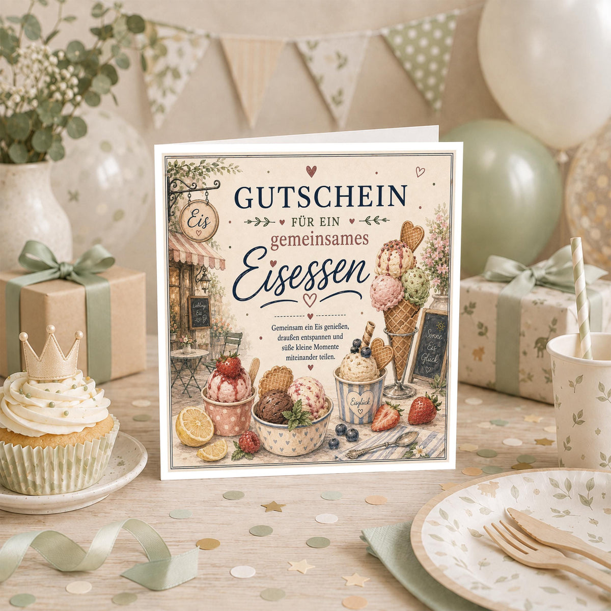 Gutschein Karte Eisessen, Erlebnisgutschein Klappkarte 15x15 cm mit Umschlag, kleines Geschenk, Sommer, Geburtstag, Aufmerksamkeit