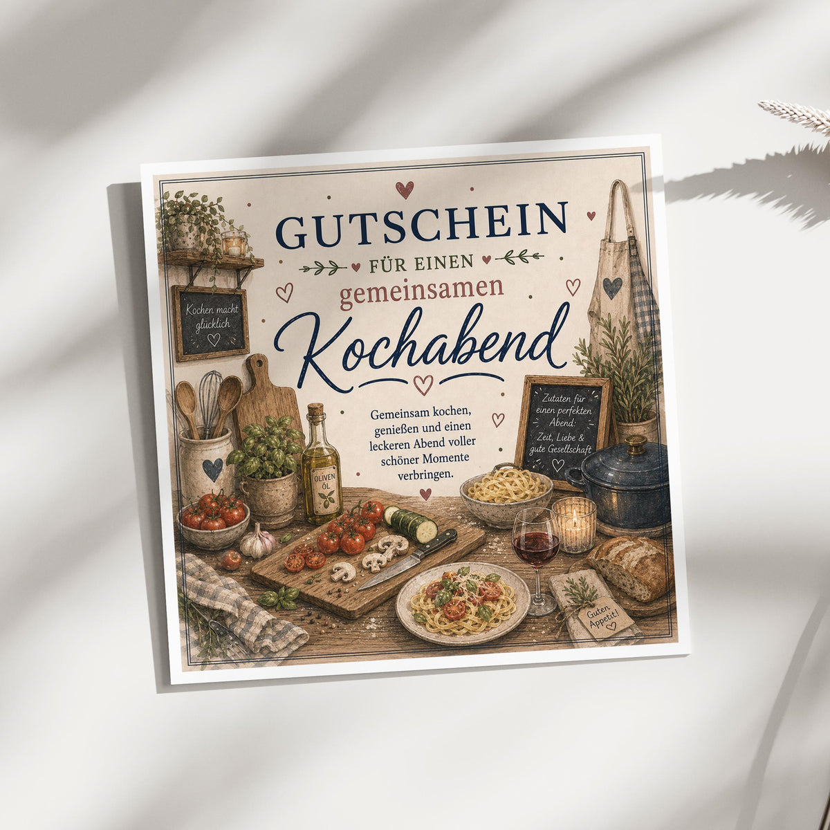 Gutschein Karte Kochabend, Erlebnisgutschein Klappkarte 15x15 cm mit Umschlag, Geschenk Partner, Paar, Valentinstag, gemeinsam Kochen