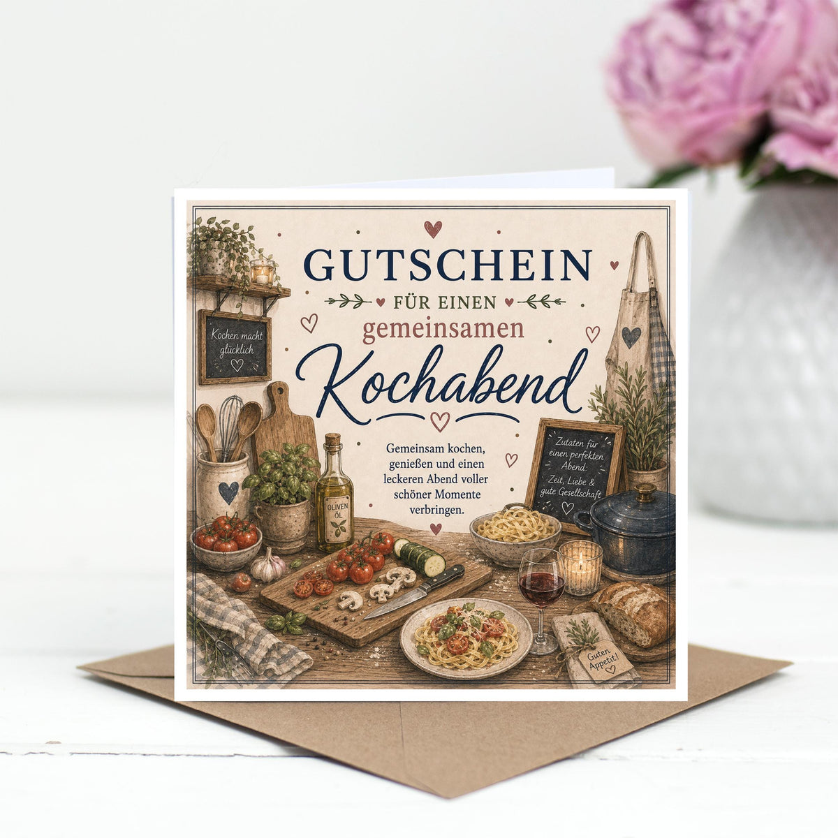 Gutschein Karte Kochabend, Erlebnisgutschein Klappkarte 15x15 cm mit Umschlag, Geschenk Partner, Paar, Valentinstag, gemeinsam Kochen
