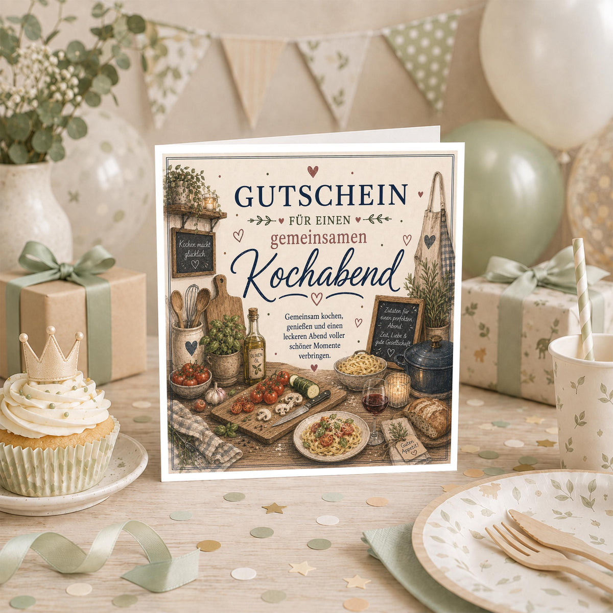 Gutschein Karte Kochabend, Erlebnisgutschein Klappkarte 15x15 cm mit Umschlag, Geschenk Partner, Paar, Valentinstag, gemeinsam Kochen