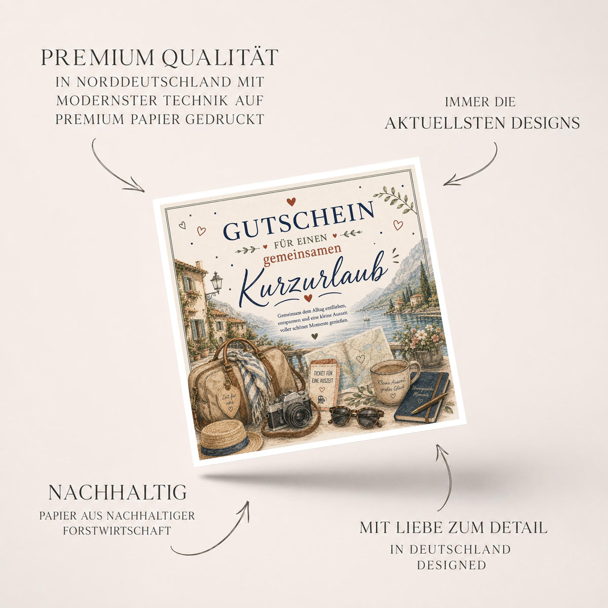 Gutschein Karte Kurzurlaub, Erlebnisgutschein Klappkarte 15x15 cm mit Umschlag, Reisegutschein, Wochenendtrip, Geschenk Partner