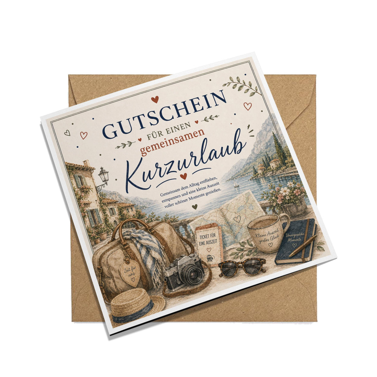 Gutschein Karte Kurzurlaub, Erlebnisgutschein Klappkarte 15x15 cm mit Umschlag, Reisegutschein, Wochenendtrip, Geschenk Partner