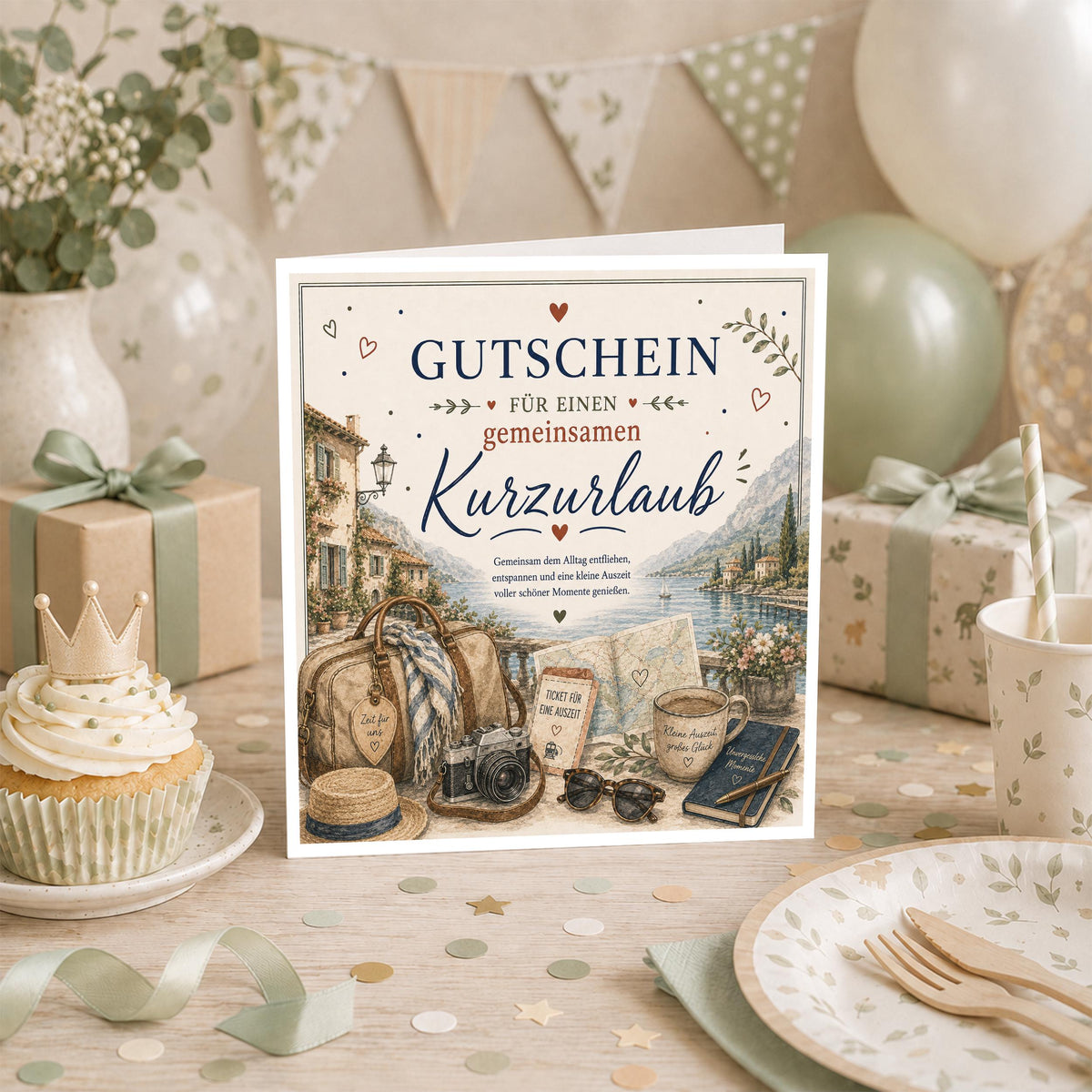 Gutschein Karte Kurzurlaub, Erlebnisgutschein Klappkarte 15x15 cm mit Umschlag, Reisegutschein, Wochenendtrip, Geschenk Partner