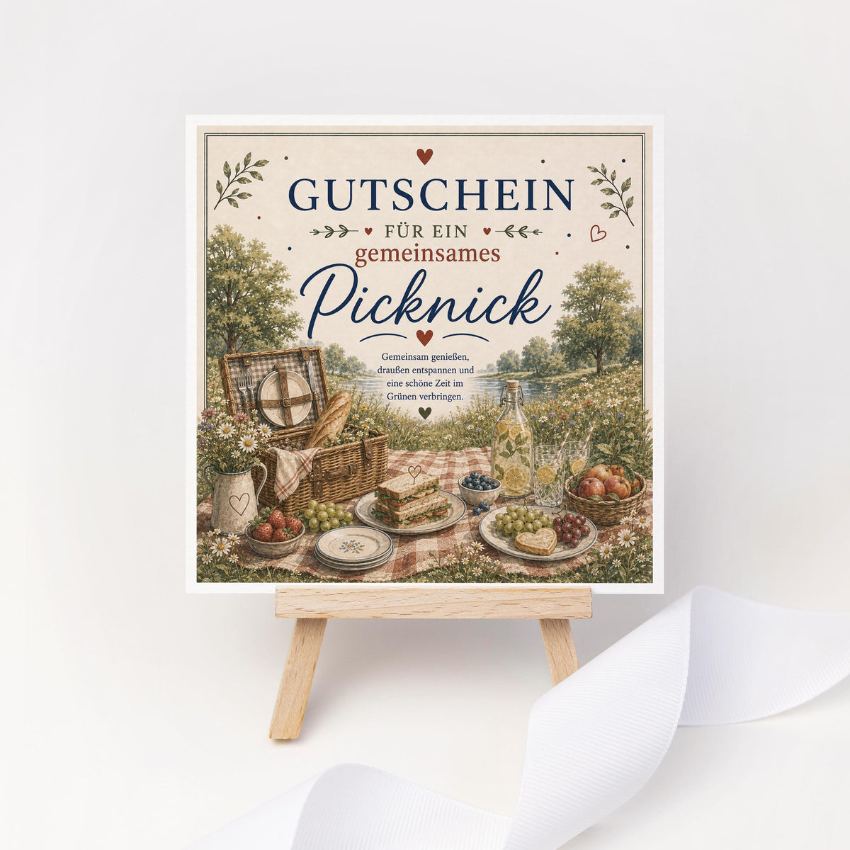 Gutschein Karte Picknick, Erlebnisgutschein Klappkarte 15x15 cm mit Umschlag, Geschenk Partner, Freundin, Frühling, Sommer Date