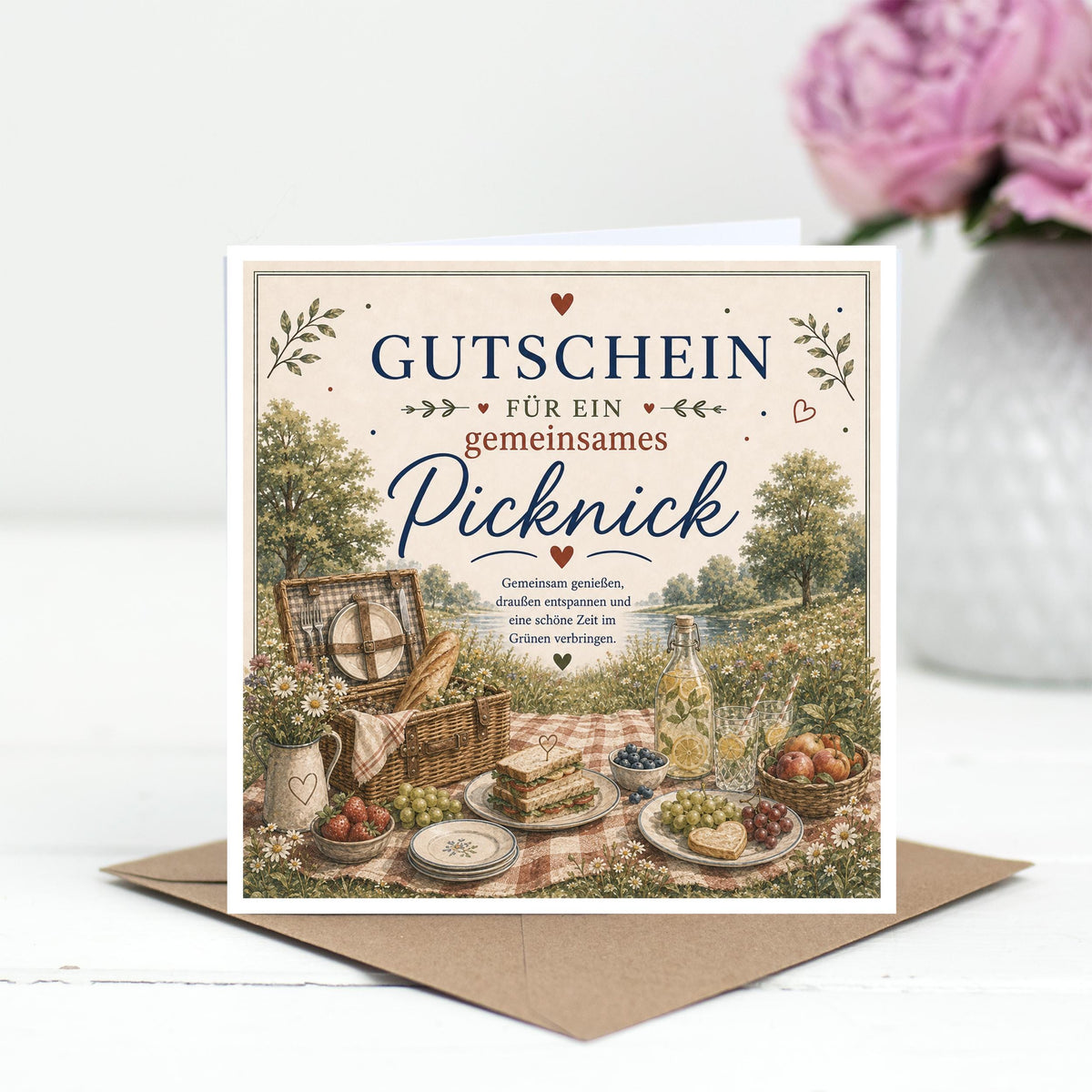 Gutschein Karte Picknick, Erlebnisgutschein Klappkarte 15x15 cm mit Umschlag, Geschenk Partner, Freundin, Frühling, Sommer Date