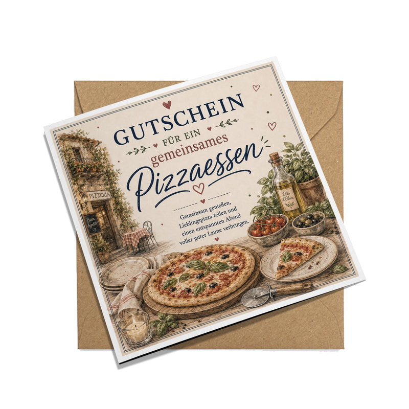 Gutschein Karte Pizzaessen, Erlebnisgutschein Klappkarte 15x15 cm mit Umschlag, Pizza Gutschein, Geschenk Freundin, Partner, Geburtstag