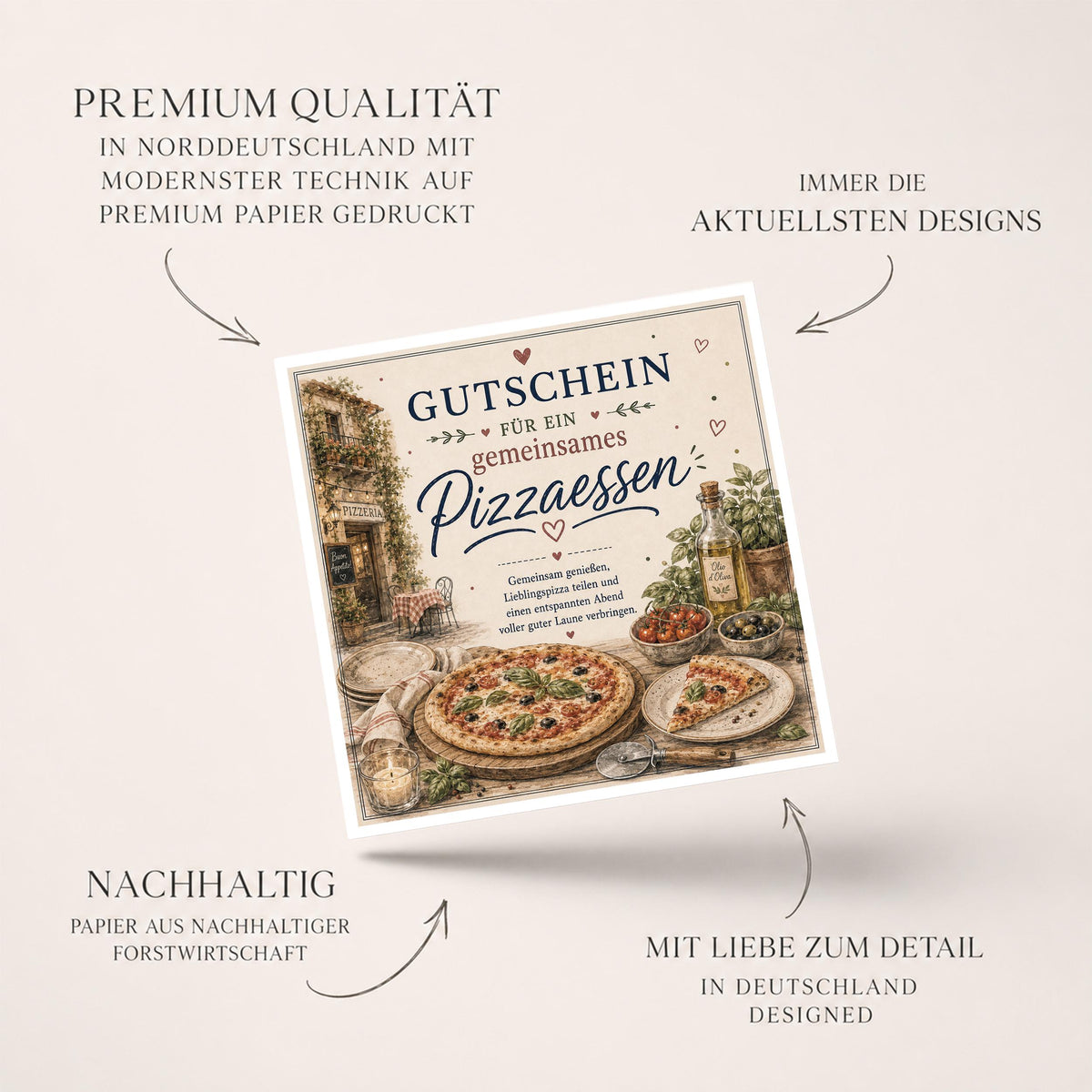 Gutschein Karte Pizzaessen, Erlebnisgutschein Klappkarte 15x15 cm mit Umschlag, Pizza Gutschein, Geschenk Freundin, Partner, Geburtstag