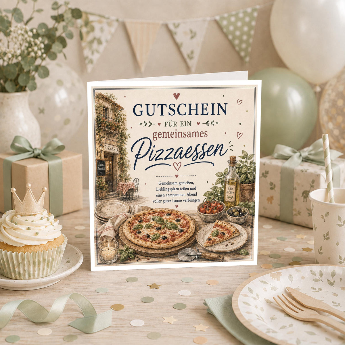 Gutschein Karte Pizzaessen, Erlebnisgutschein Klappkarte 15x15 cm mit Umschlag, Pizza Gutschein, Geschenk Freundin, Partner, Geburtstag