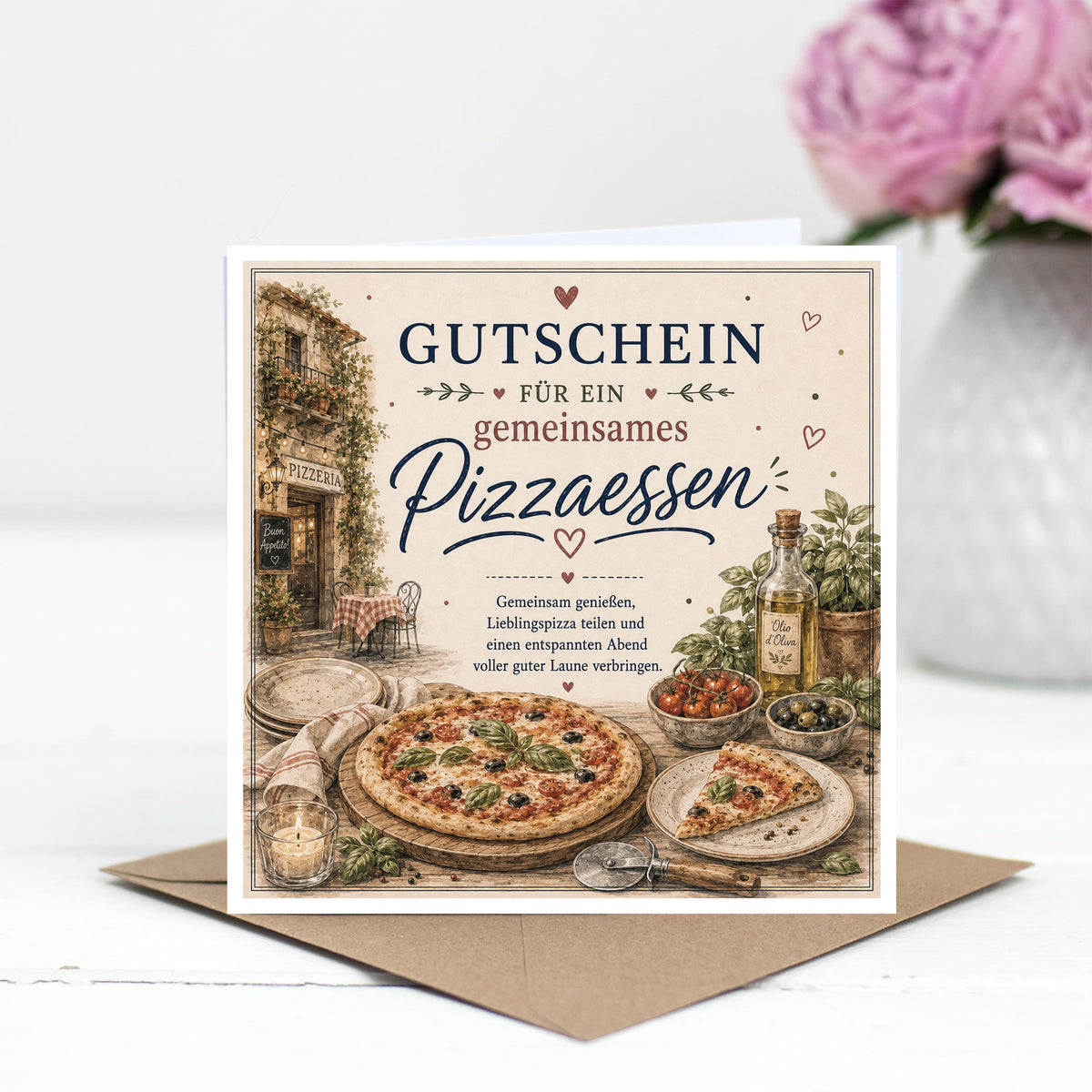 Gutschein Karte Pizzaessen, Erlebnisgutschein Klappkarte 15x15 cm mit Umschlag, Pizza Gutschein, Geschenk Freundin, Partner, Geburtstag