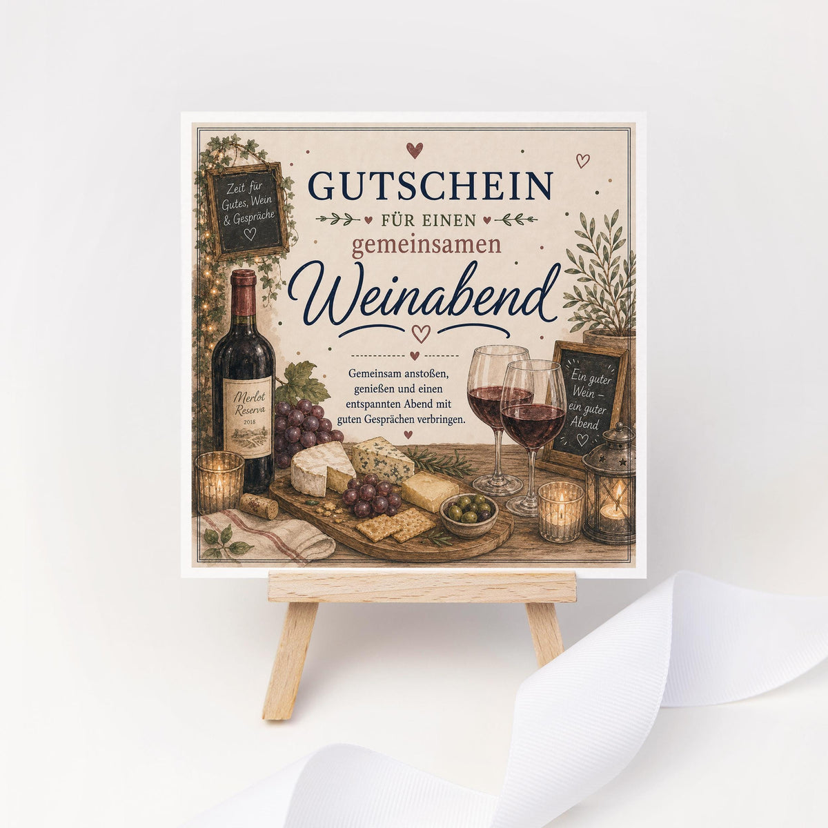 Gutschein Karte Weinabend, Erlebnisgutschein Klappkarte 15x15 cm mit Umschlag, Wein Geschenk, Geschenk Partner, Weinliebhaber
