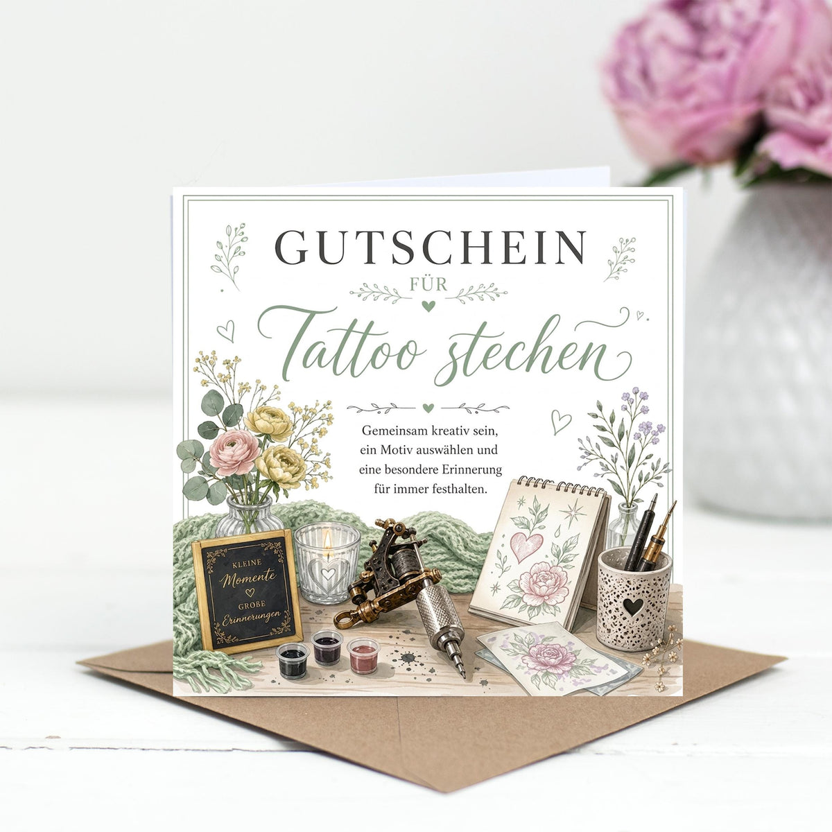 Tattoo Gutschein als hochwertige gedruckte Klappkarte – für ein Geschenk, das garantiert unter die Haut geht.