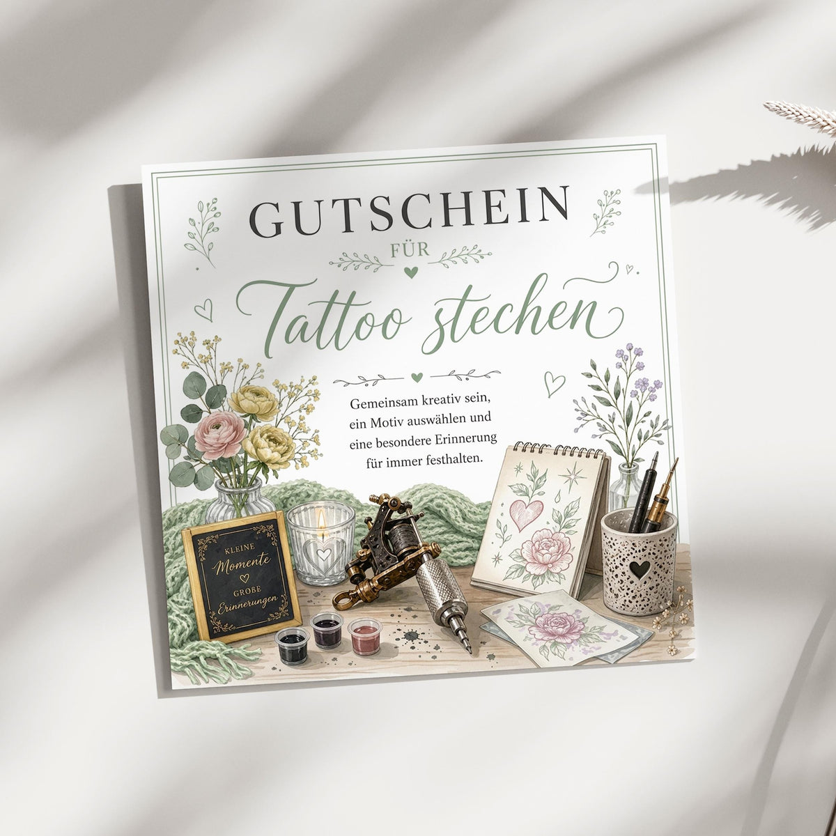 Tattoo Gutschein als hochwertige gedruckte Klappkarte – für ein Geschenk, das garantiert unter die Haut geht.